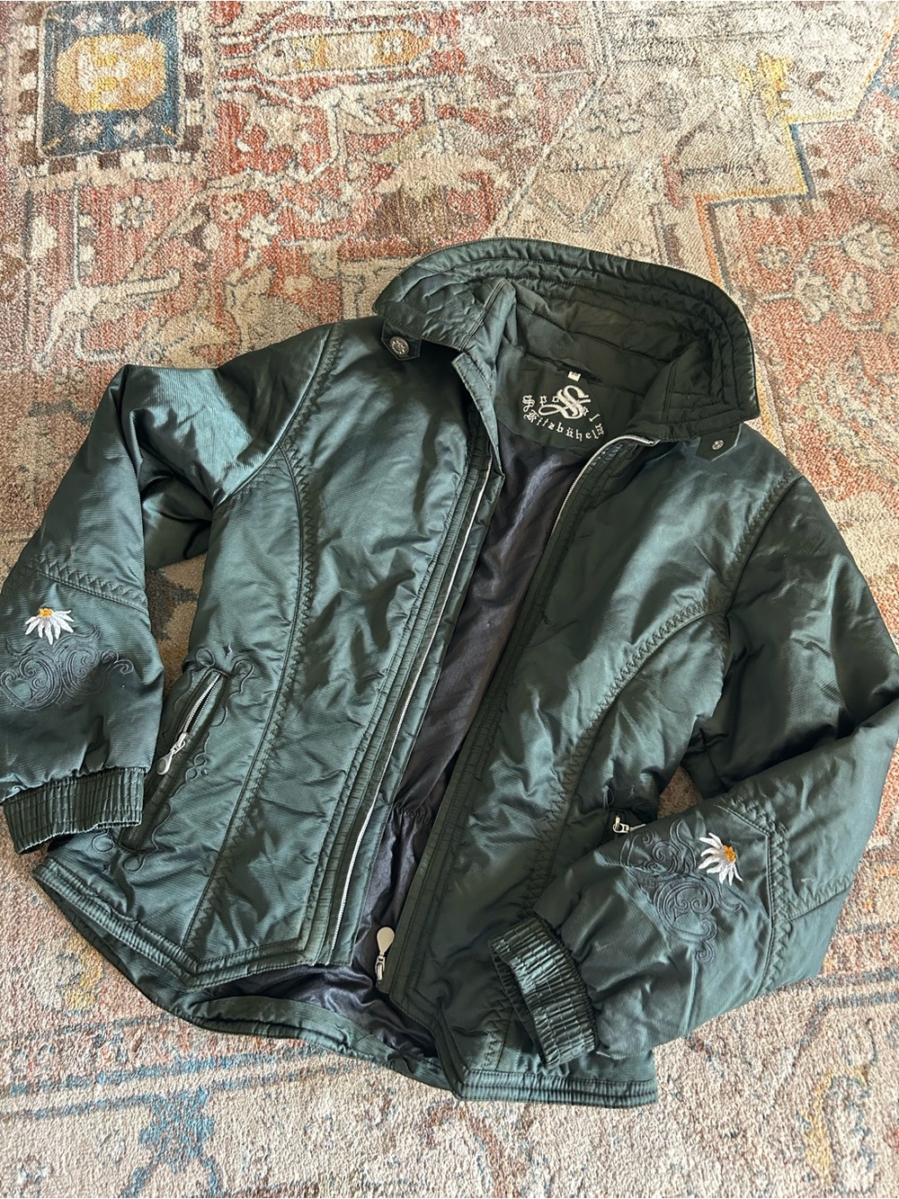 Sportalm Forest Green Vintage Ski Jacket with Floral Sleeve Embroidery
